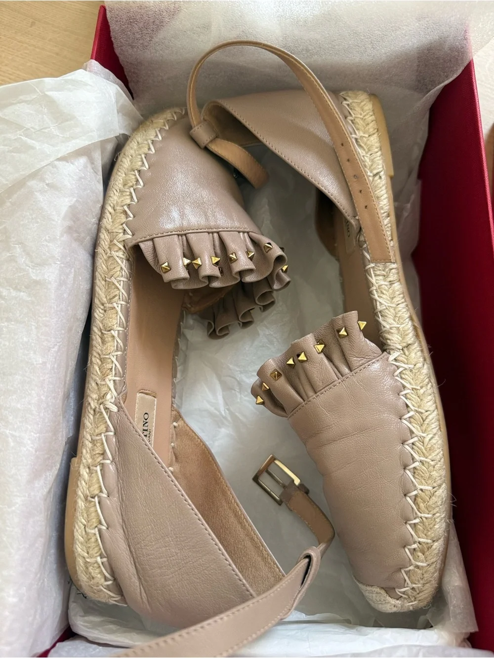 Valentino Garavani Taupe Leather Espadrille Flats - Size 39